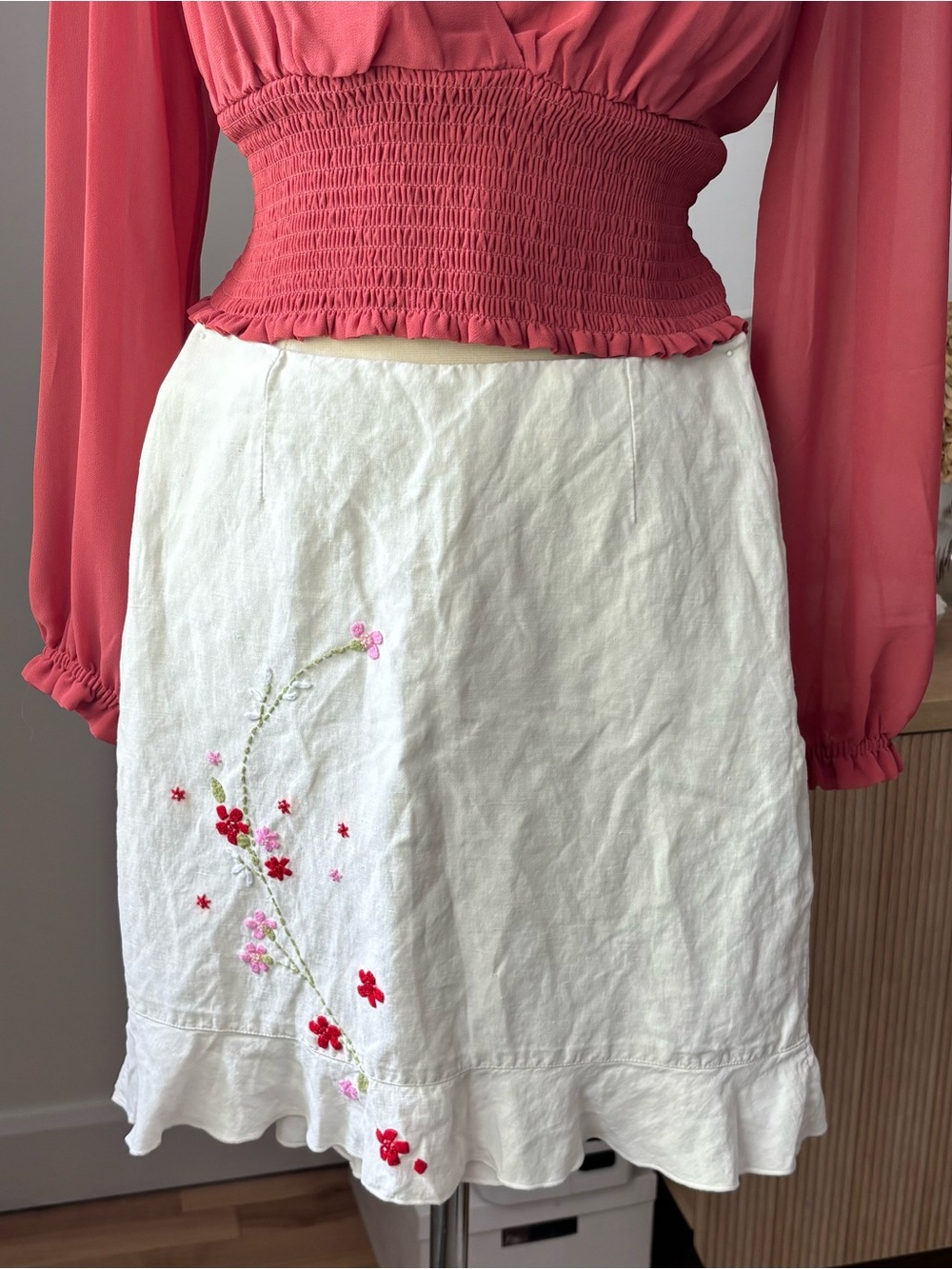 Vintage Silk and Linen Blend Skirt with Floral Embroidery -Size 10